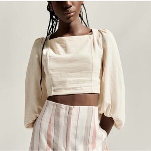 Zara Puff Sleeve Lace Up Back Cotton Linen Peasant Blouse